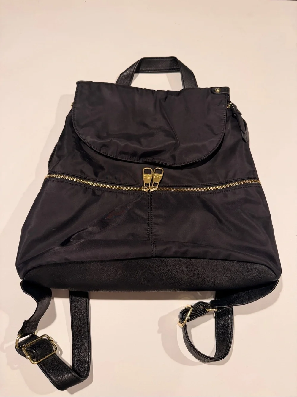 Steve Madden Bspencer Black Nylon Flap Backpack - Gold Hardware